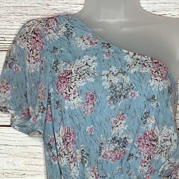 Lulus Way to Wow Dusty Blue Floral Print One Shoulder Faux-Wrap Dress Sz L - Picture 8 of 16